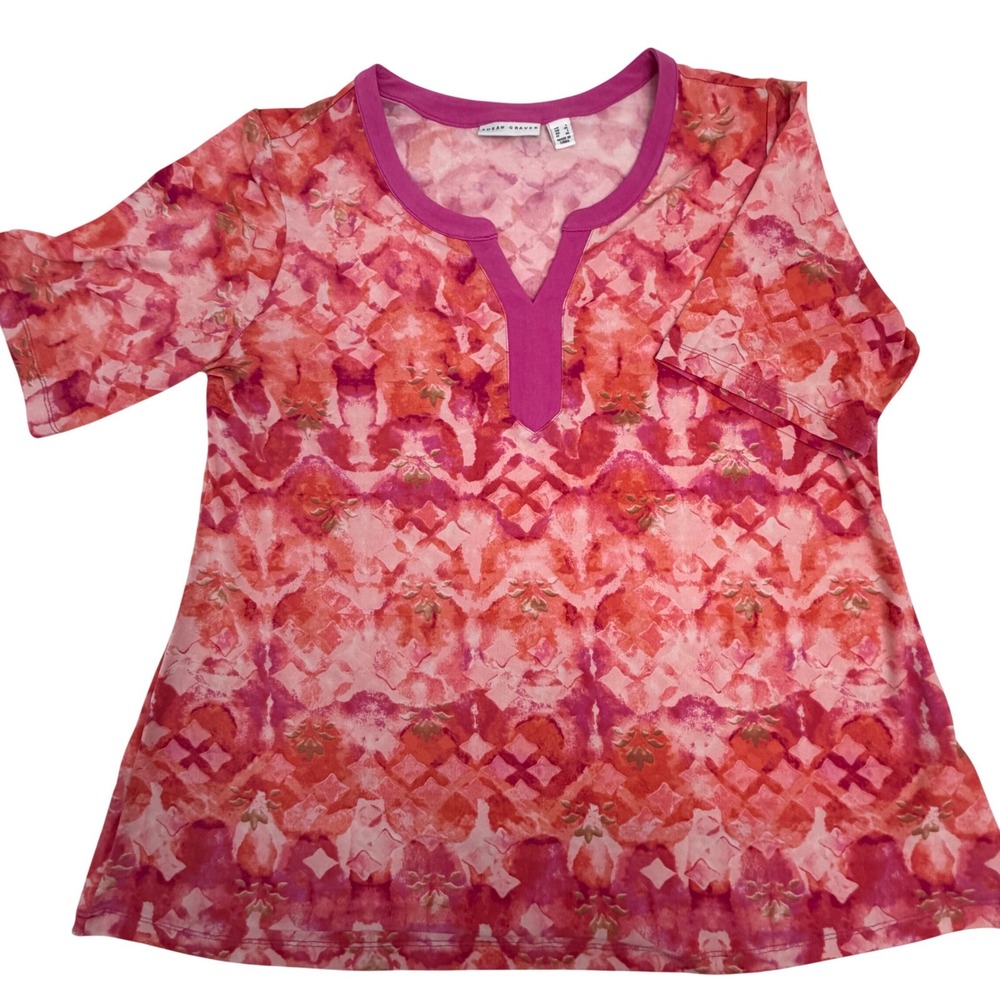 Susan Graver Womens Pink Orange Abstract Geometric Split Neck Top Size L